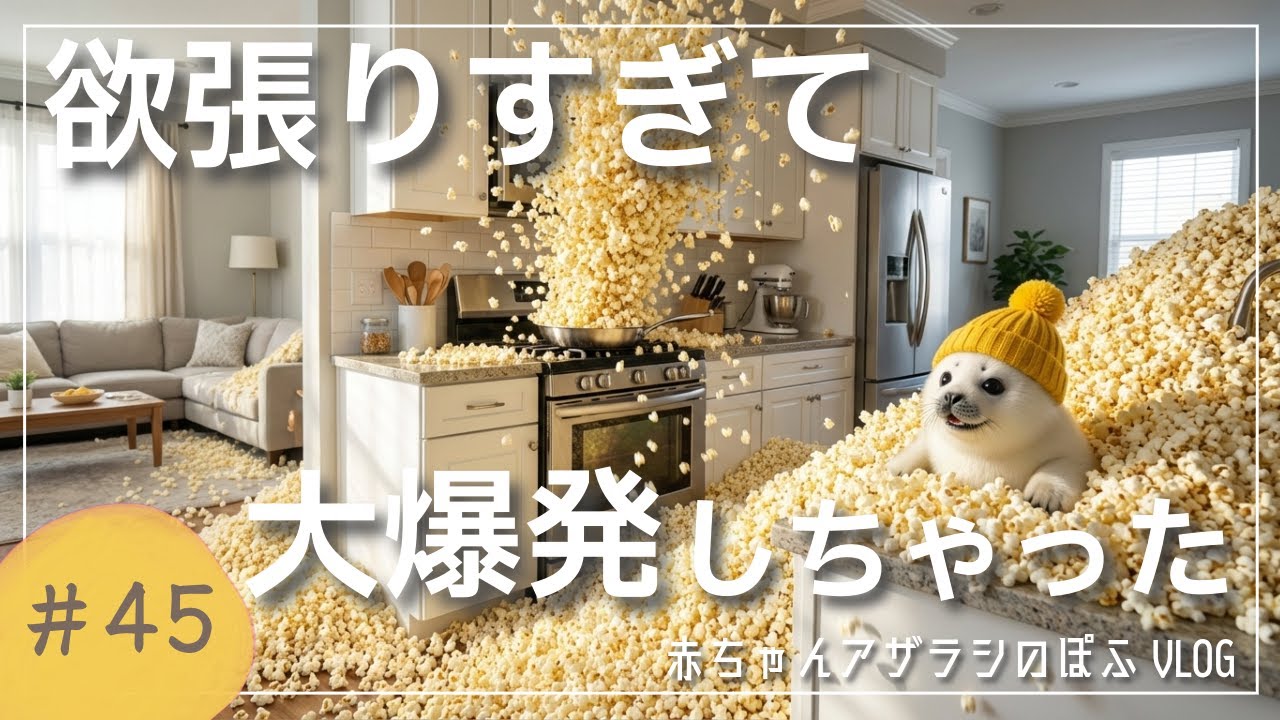 【赤ちゃんアザラシぽふ】ポップコーン大量生産しすぎたきゅ〜😂💦休日ハプニング1日密着🍿✨