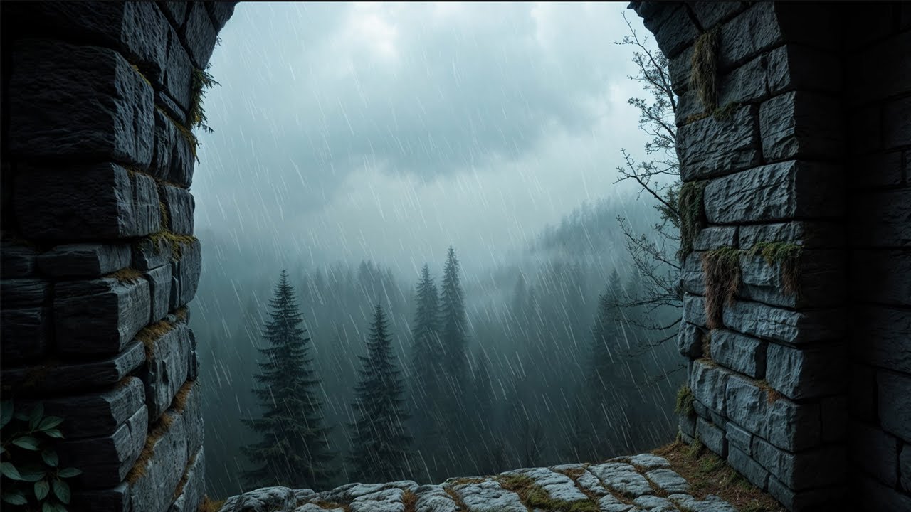 Enchanted forest ambiance from a castle window