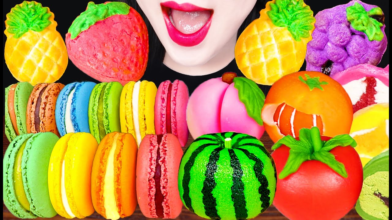 ASMR Fruit Mochi Macaron Rice Cake 마카롱 과일 화과자 모찌 떡 먹방 Mukbang, Eating