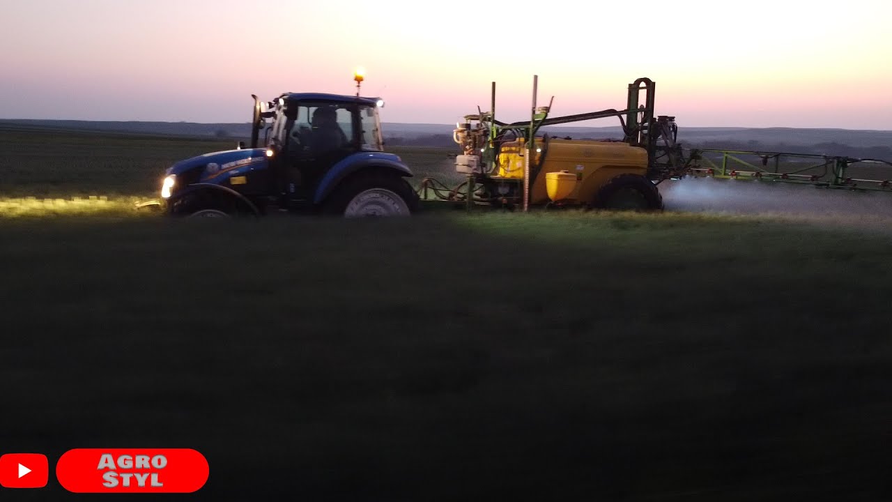 Wieczorne opryski pszenicy. Teraz czekamy na żniwa. New Holland T5/Unia Pilmet 2518 plus