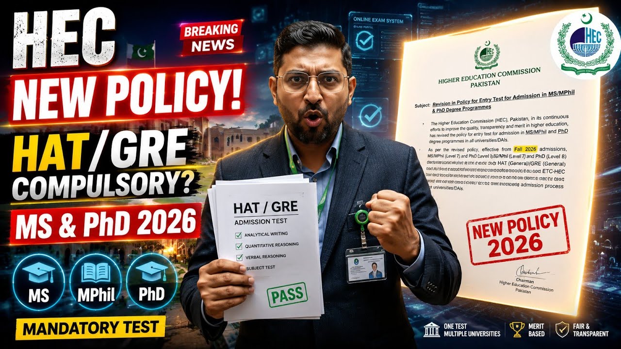 HEC New Policy 2026 | HAT & GRE Mandatory for MS/MPhil and PhD Admissions in Pakistan
