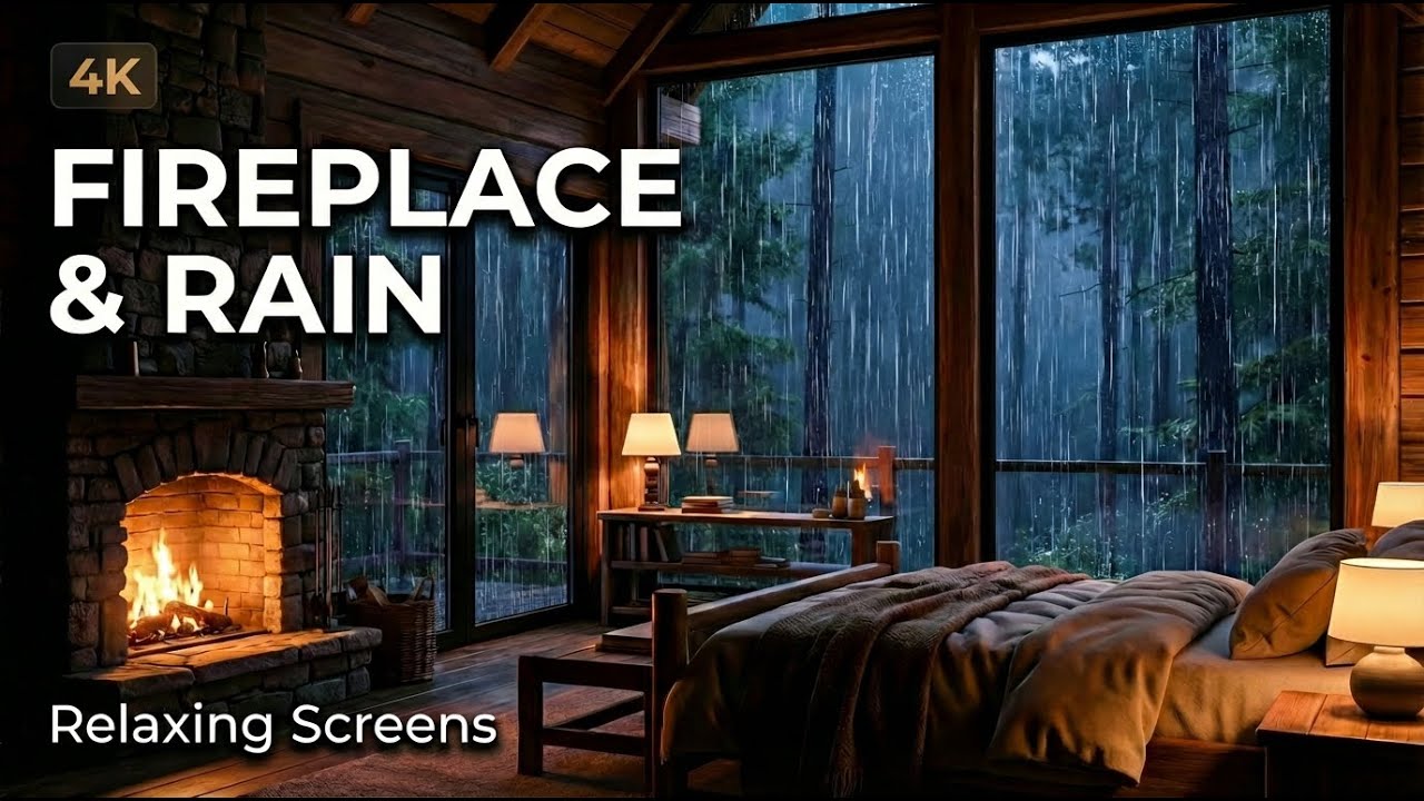 Cozy Cabin Fireplace & Rain Sounds | Deep Sleep, Relax, Stress Relief (4K)