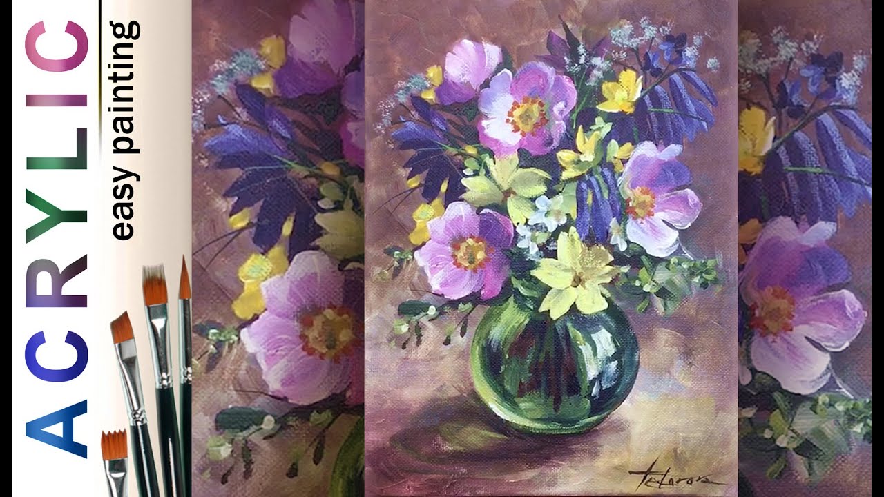 Wild roses & bluebells in glass vase 🎨 ACRYLIC How to paint flower bouquet. Tutorial DEMO