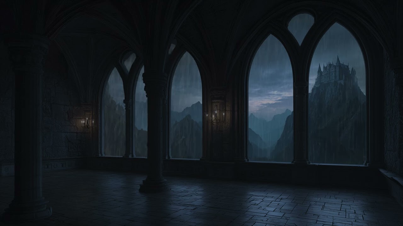 Cozy Rain in Castle Tower Window with Flow River - Calm Night Sleep