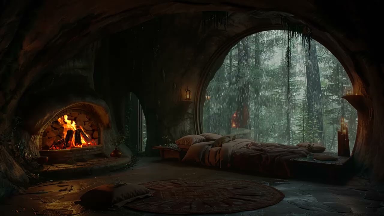 Rainfall Echoing Inside a Warm Cave  Fireplace Crackling to Soothe Anxiety and Quiet the Mind