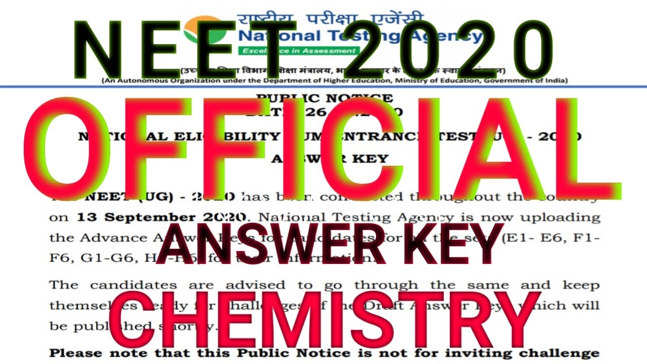 NEET 2020:Chemistry OFFICIAL ANSWER KEY | NTA Official Answer key with Solution