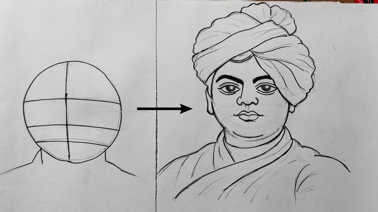 how to draw swami vivekananda  face easy line drawing step by step for beginners,vivekananada drawin