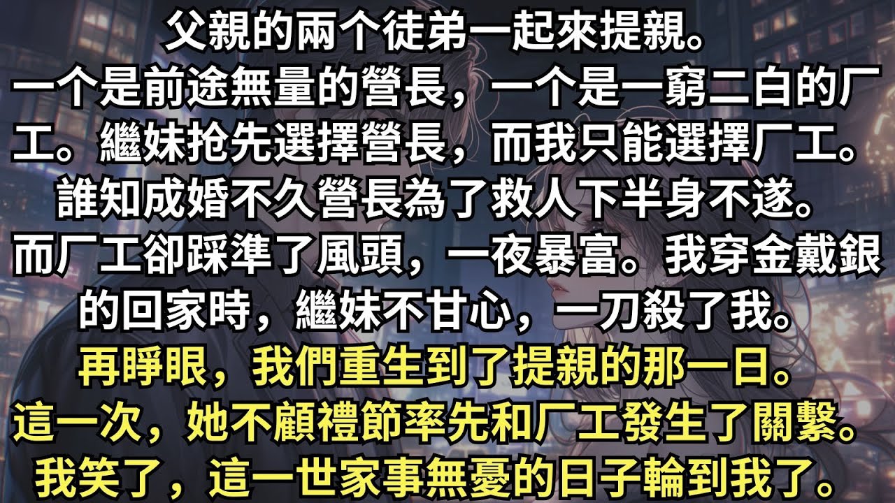 我和繼妹重生回了父親的兩個徒弟來提前那天，營長家境優渥，但後來殘疾，厰工一窮二白，但後來暴富。繼妹不顧禮節率先和厰工發生了關繫。我毫不在意的笑了，這一世家事無憂，丈夫尊重的日子輪到我了。