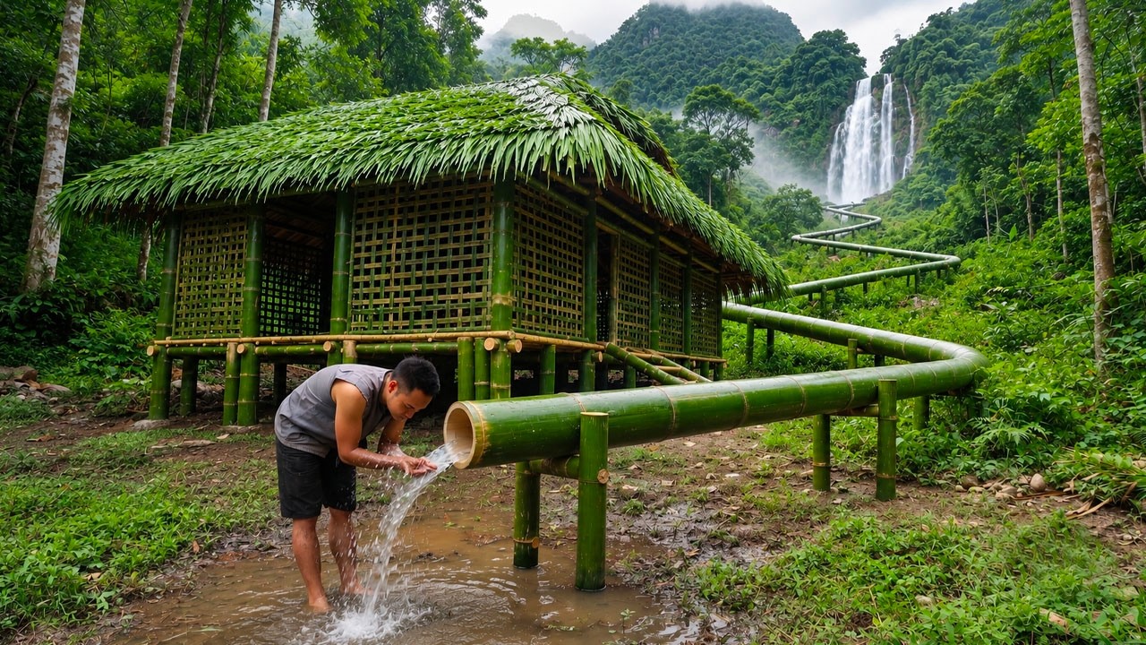 Primitive Skills: Using Fresh Green Bamboo to Build a Natural Water Supply System in the Mountains.