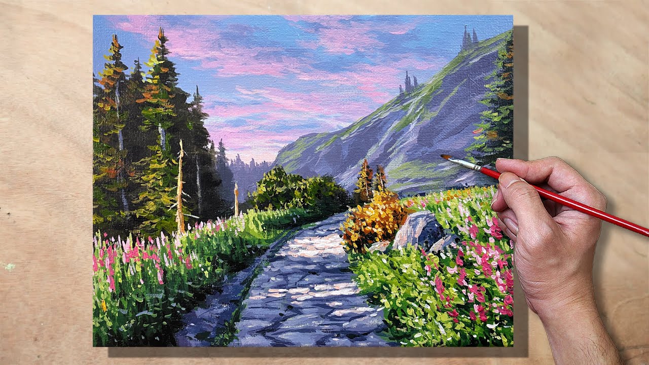 Acrylic Painting Stone Pathway Landscape