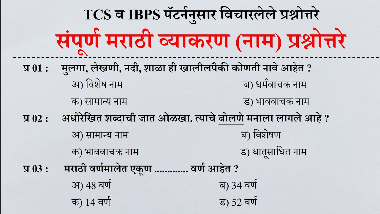 A to Z मराठी व्याकरण | Marathi Grammar Previous Question Papers| नाम व नामांचे प्रकार