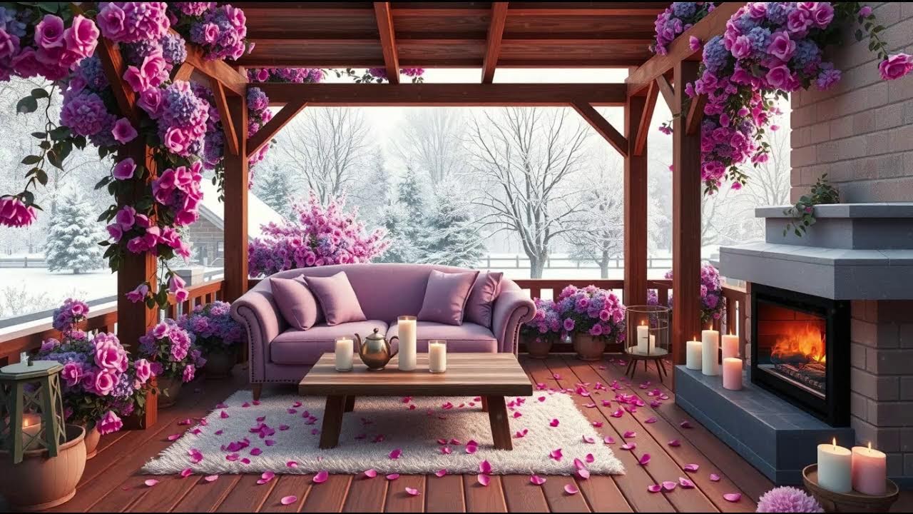Valentine’s Cozy Porch in Pink Snow ❄️☕ Soft Jazz & Crackling Fireplace Ambience