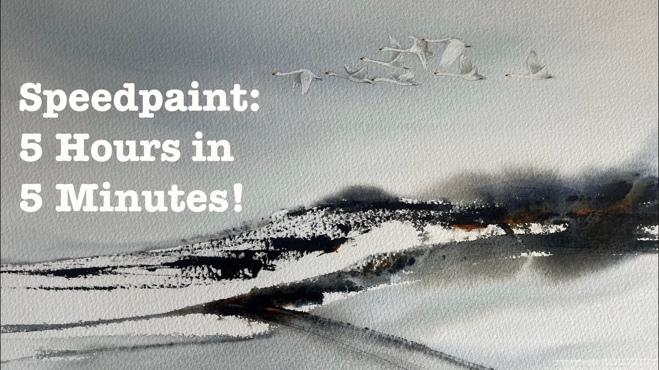 Winter Snow Speedpaint: Swans & Mountain Scene, Loose Landscape Painting for Beginners, Card Swipe