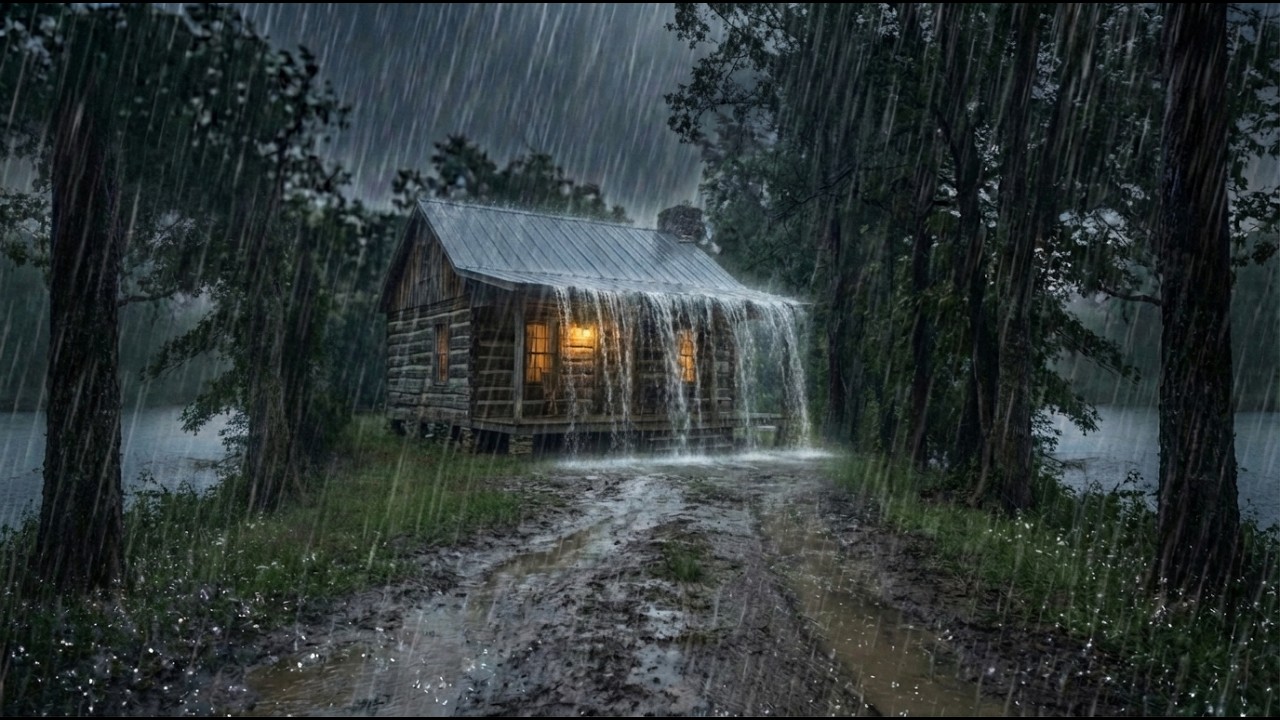 Violent Storm at Forest Cabin 🌩️ Heavy Rain & Thunder Sounds for Deep Sleep | Night Rain Ambience