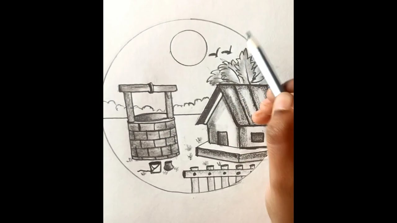 Village Pencil sketching drawing circle drawing art' ll Circle Scenery Drawing 