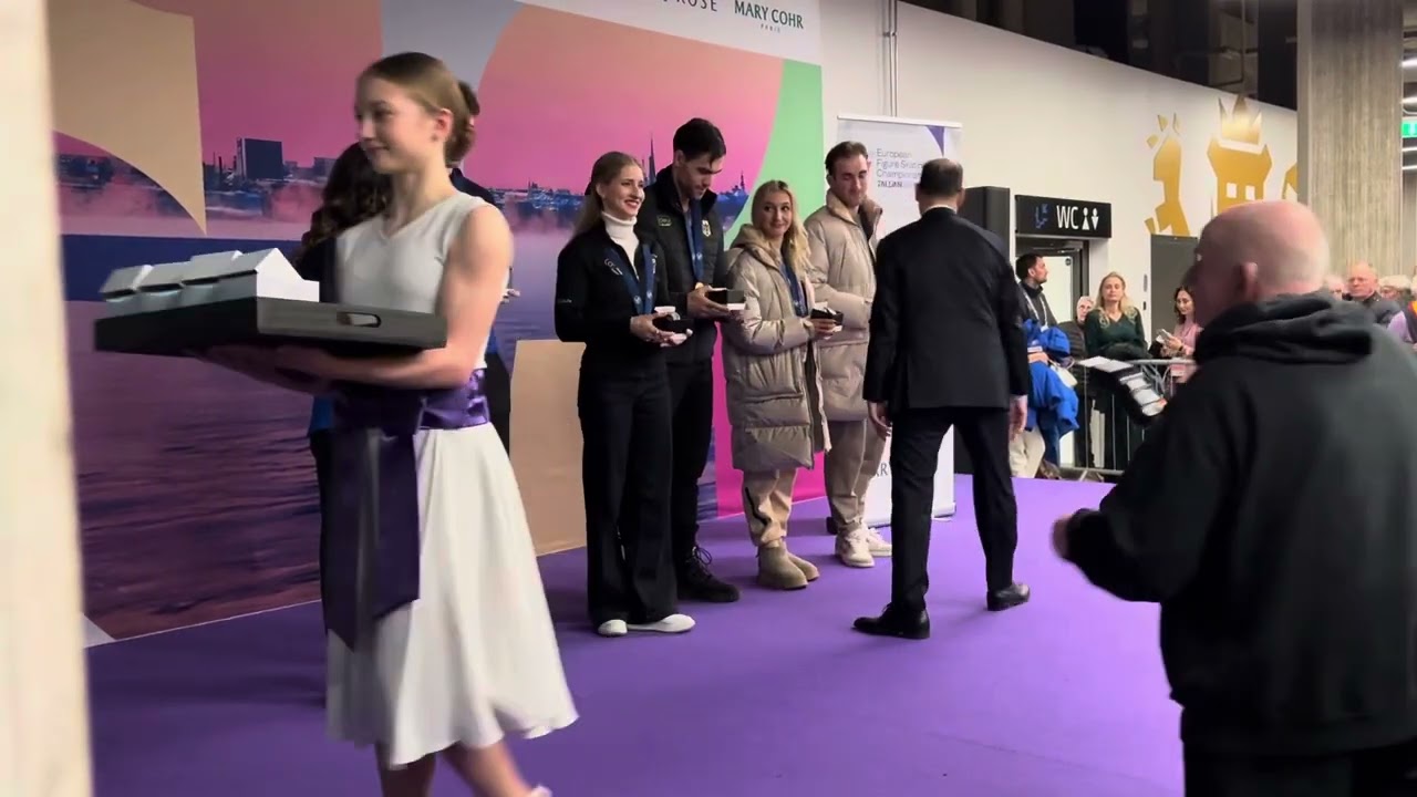 2025 Europeans pairs free skating small medal ceremony Hase/Volodin, Conti/Macii, Metelkina/Berulava