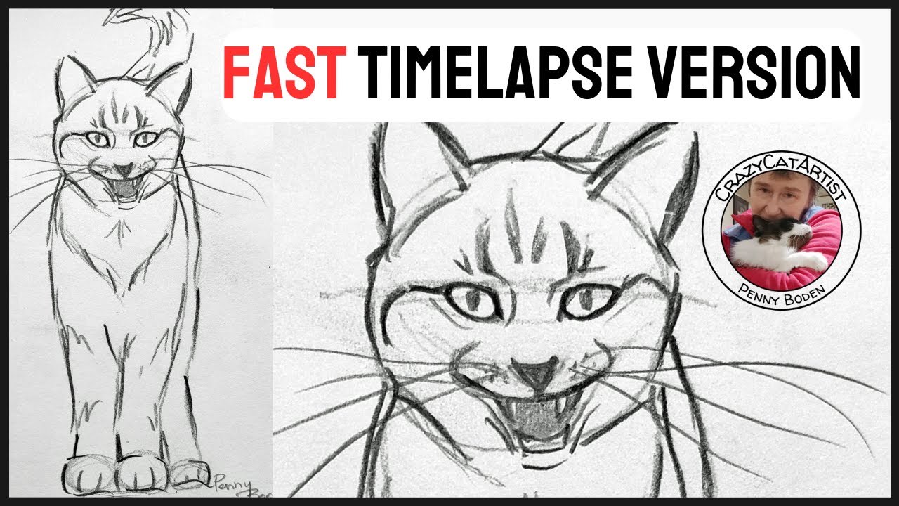 How to Draw a Cat with its Mouth Open, meowing, standing, time lapse