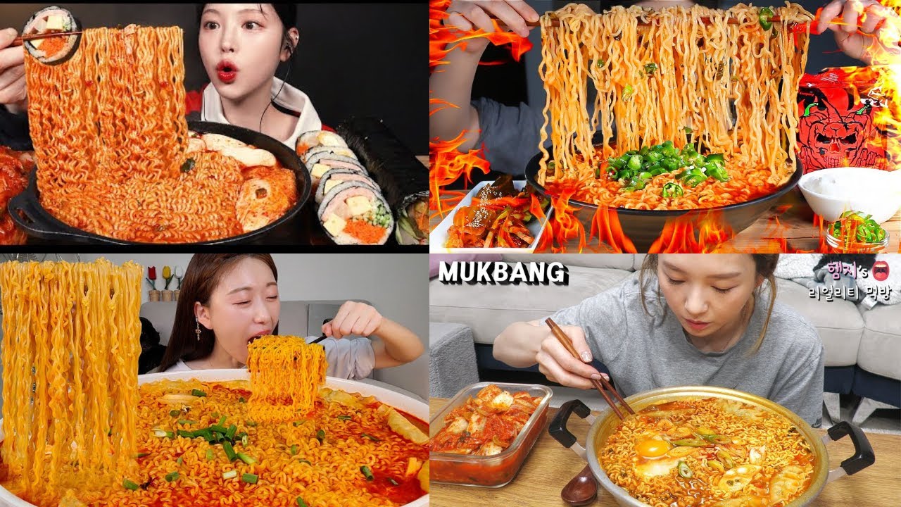 Spicy Noodles ASMR 😋 kimbap eating 