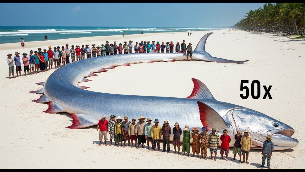 Fishermen drag 50m legendary 'Earthquake Fish' onto shallow beach.