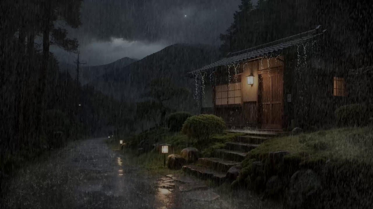 Calm Reflections Rainfall Over Rustic Cabin Roof for Deep Sleep and Balance
