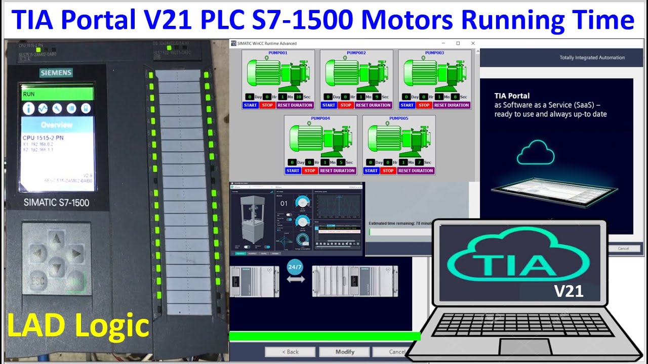 TIA Portal V21 create program for show motor running time LAD Logic
