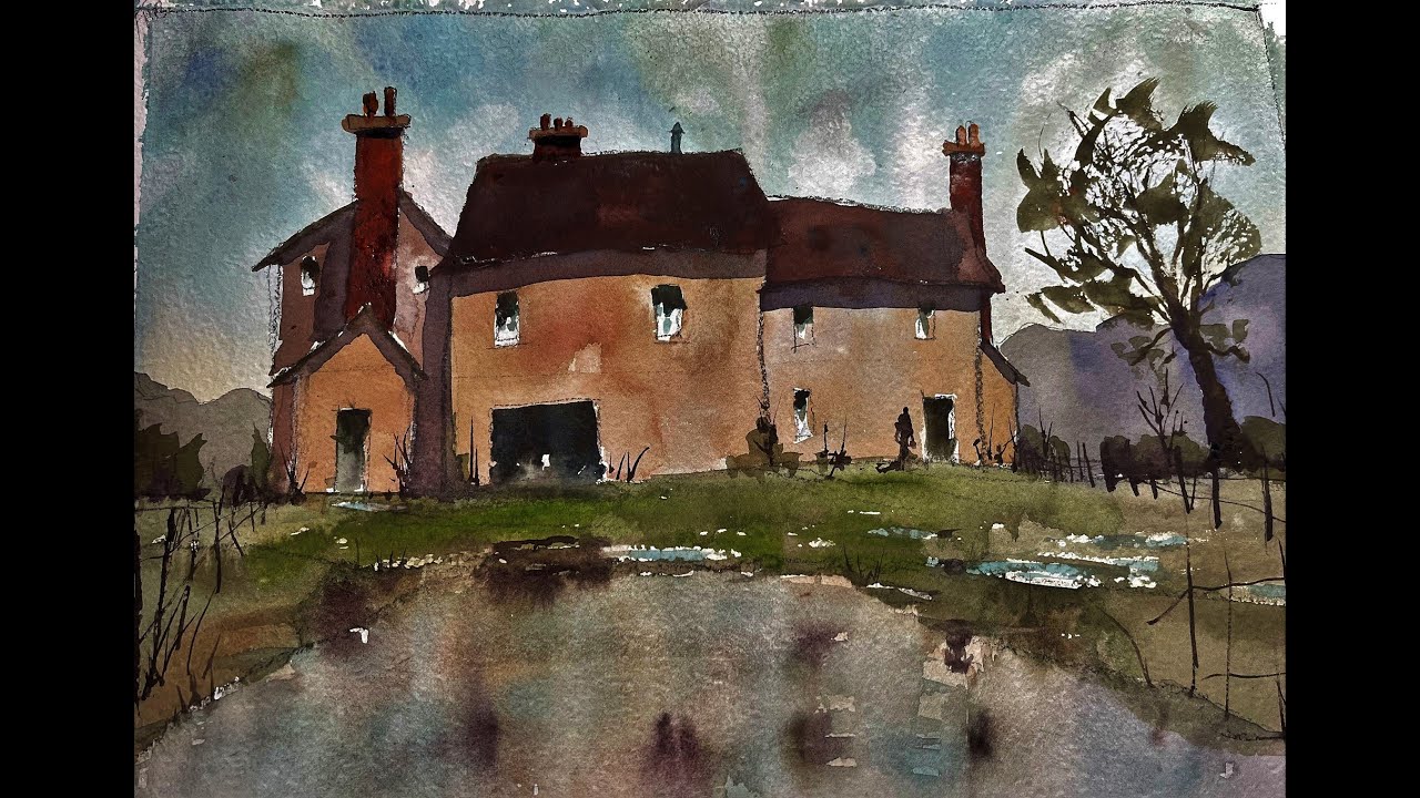 EXTREME BEGINNERS Farmhouse with pond, tree, mountains and figure   with Chris Petri