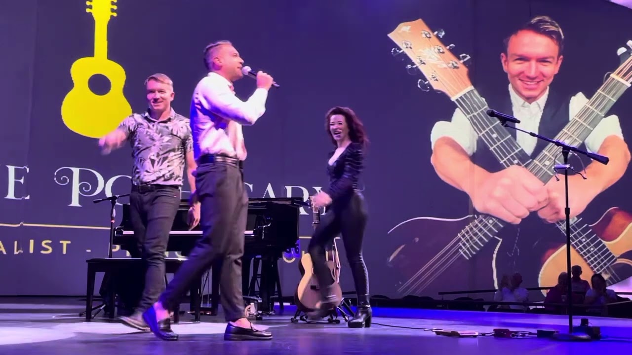 Celebrity Edge Cruise Director Giuseppe Moschella sing w Jessica Jane Peterson & Charlie Pothecary