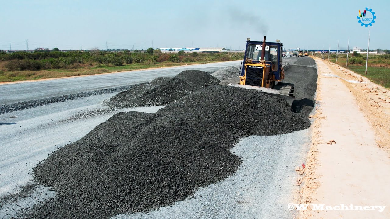 Perfect Action Bulldozer Komatsu Spreading Gravel Making New Roads Operation Construction Skills