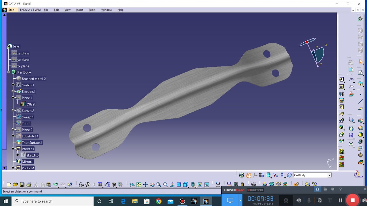 Modeling of handle in CATIA V5, Surface design in CATIA, Sweep command, Line projection on a surface