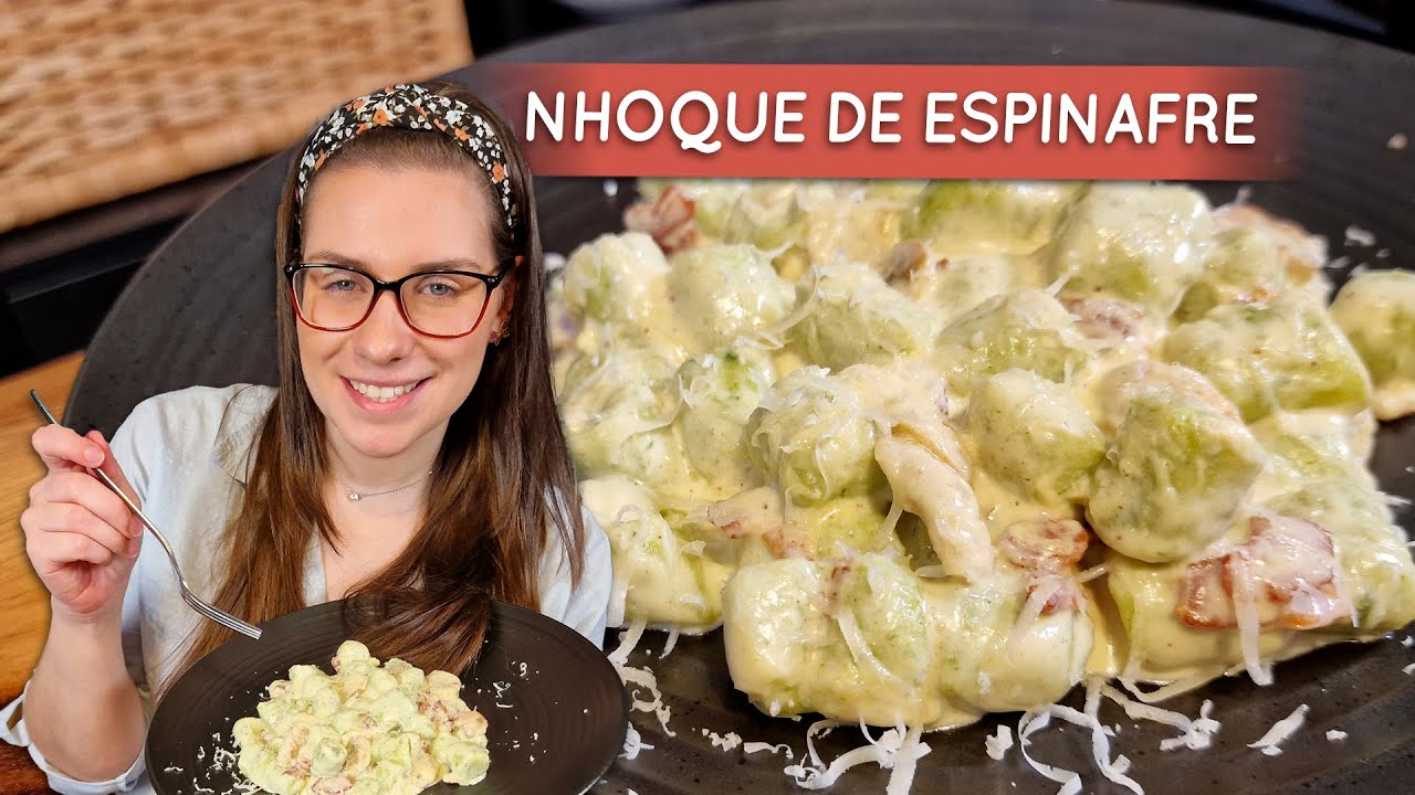 Gnocchi de espinafre super leve com bacon e cogumelos | Nhoque de espinafre
