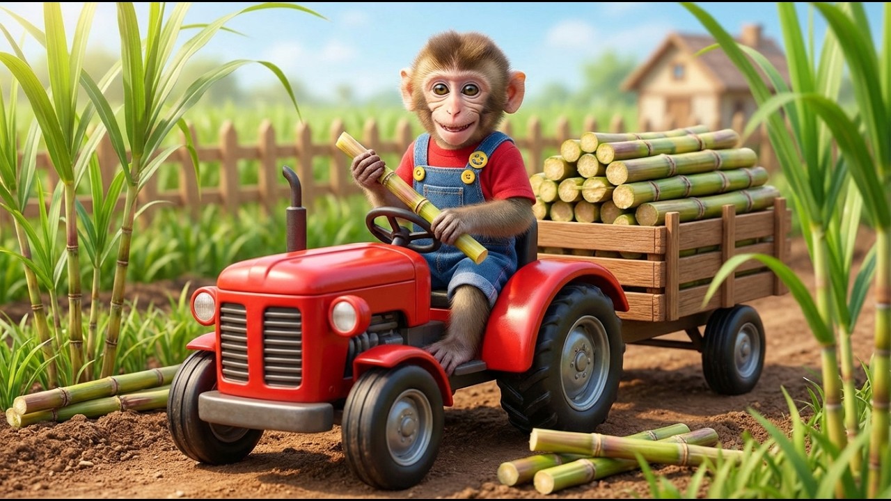 😲🌾 Sugarcane Harvest Madness?! Monkey NaNa Fills the Red Tractor Trailer! 🐒🚜🏡