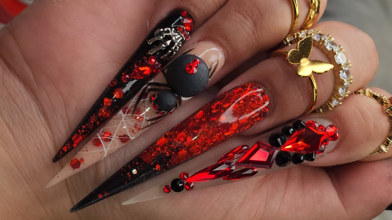 RED AND BLACK HALLOWEEN NAILS | 3D SPIDER - SPIDER WEB