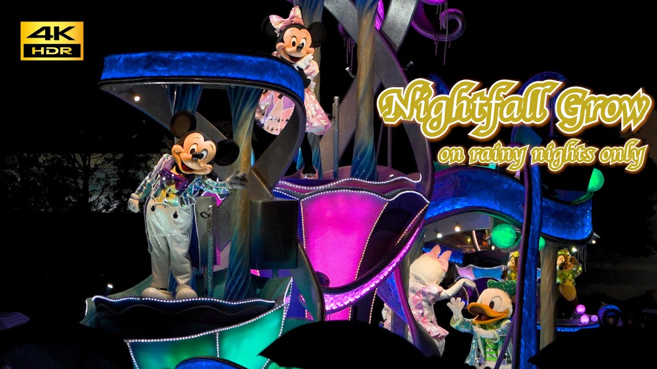 【4K HDR／雨の日限定】しっとり…優しく美しい「ナイトフォール・グロウ」 ディズニーランド　Nightfall Grow  rainy days only  Tokyo Disneyland