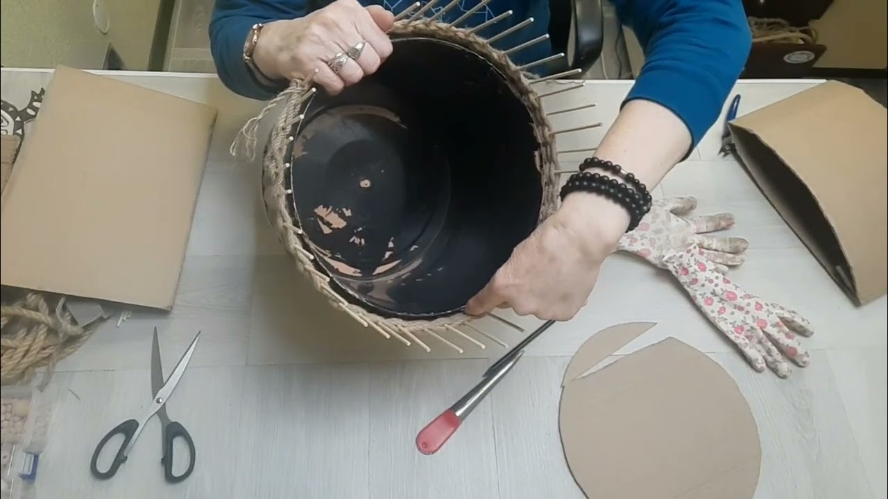 Кашпо из остатков ротанга, джута и шпажек без единого отверстия!!