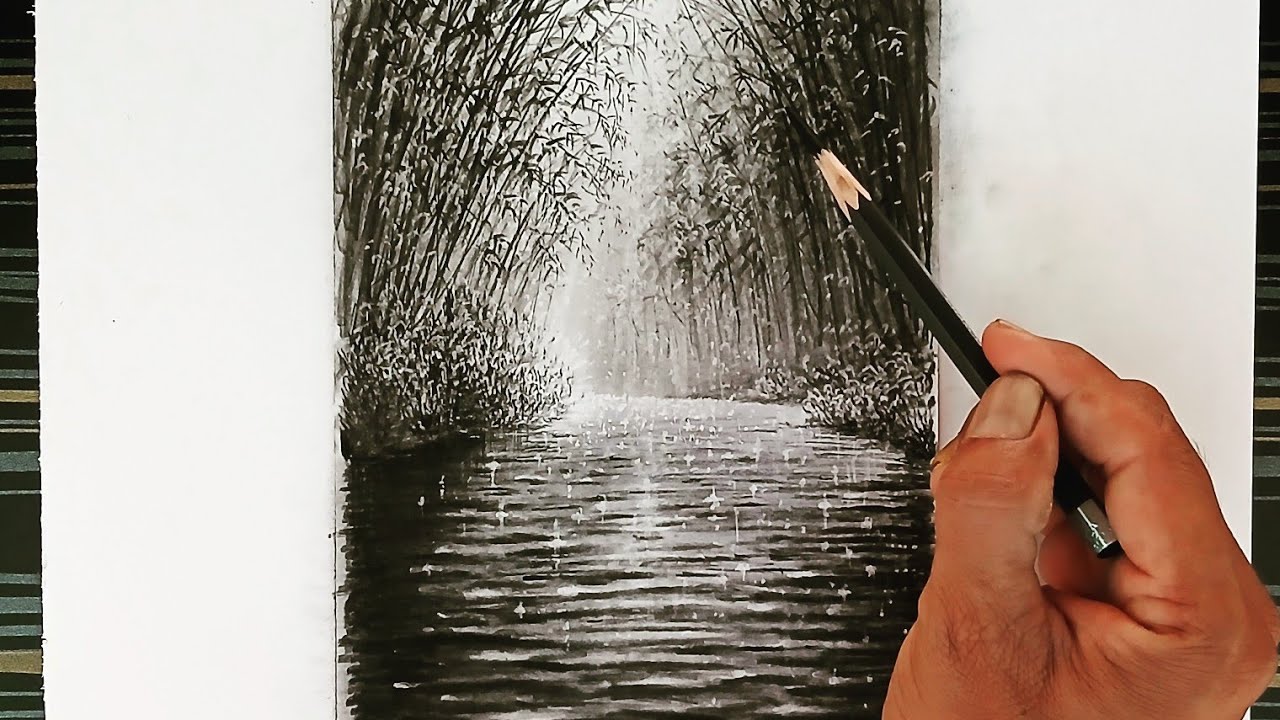 A view of a forest with a sparkling water lake surface under sunlight drawn in pencil.