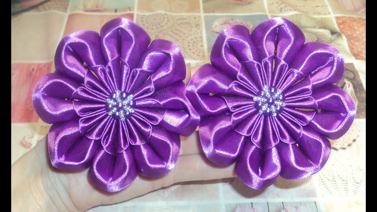 Большие цветы - бантики из ленты 4см/ Канзаши/ Kanzashi