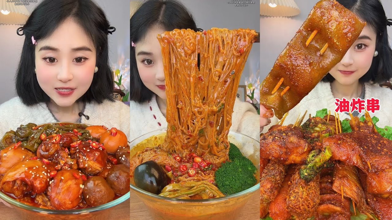 Mukbang#part 401:Eat Spicy🔥noodles🍜   with Rice noodle 🍜 Soup meatball 🥖🧆#mukbang #foodie #noodles 