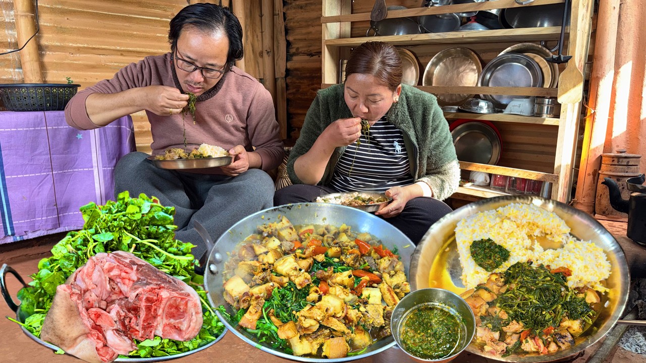 Village Style Watercress & Pork Curry with Rice | Organic Food Cooking | Happy Family Village Life