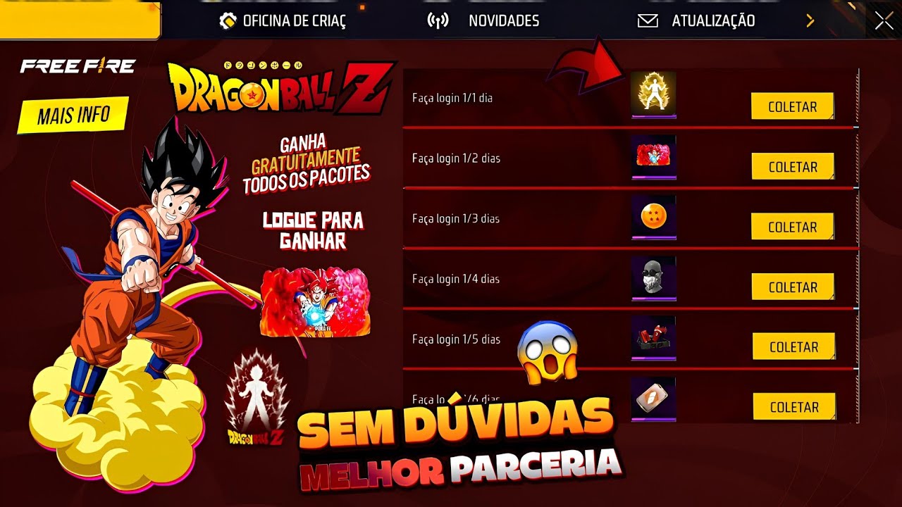 NÃO ACREDITO!! PARCERIA COM DRAGON BALL? PEGUE OS ÍTENS, 2 EMOTES GRÁTIS E TROCA NICK - FREE FIRE 