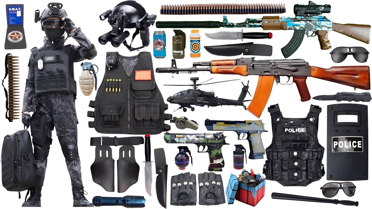 Special Forces military toy gun set unboxing, AK47 rifle, UZI submachine gun, 98L sniper rifle, bomb