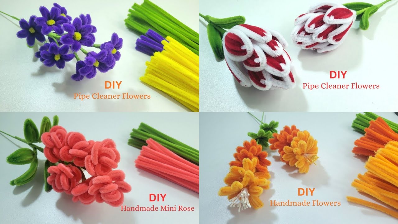 DIY Handmade! 4 flowers easy to make for everyone from pipe cleaner. Tutorial tips.