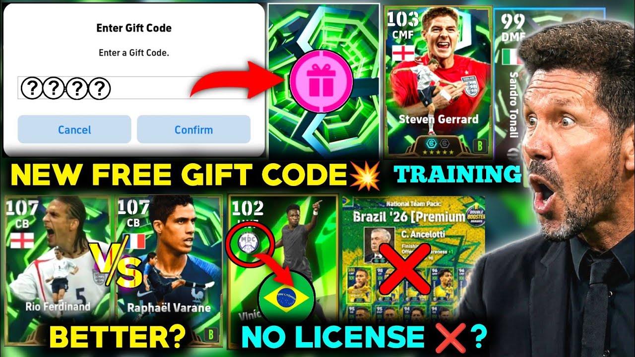 New free gift code💥 | epic free try 🔥 | Ferdinand vs Varane, Gerrard, Rodri training | eFootball