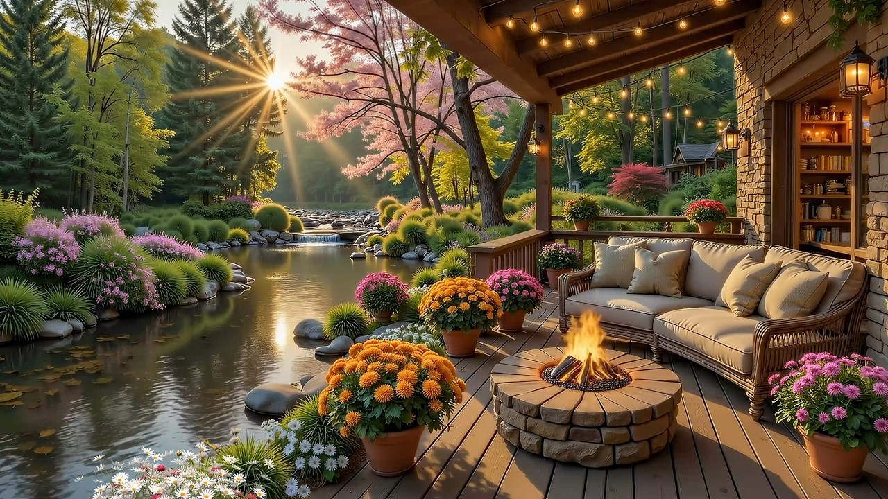 Relaxing Spring Morning Lakeside Cabin Ambience 🌿🌺 Soft Piano, Warm Fireplace for Deep Sleep