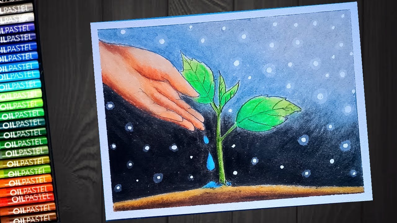 Save tree poster ( world Environment day ) drawing with oil pastels - step by step