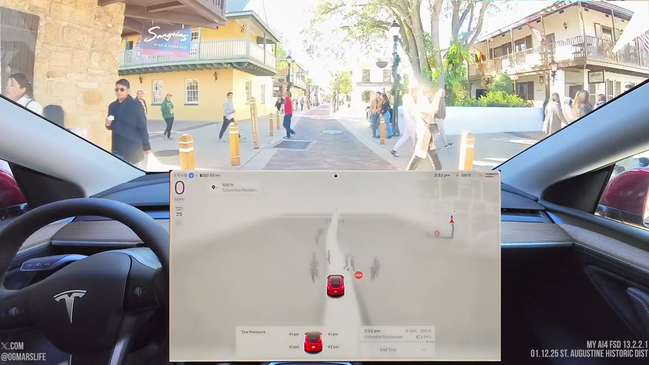 Tesla FSD 13.2.2.1 in Narrow streets of historic St. Augustine Florida