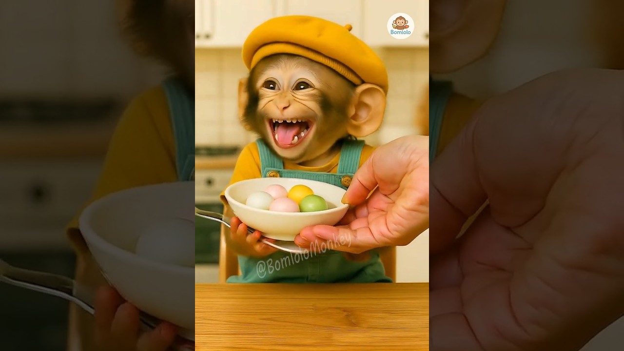 Monkey Hugging Tangyuan Dessert and Laughing 🐒🍡🇨🇳