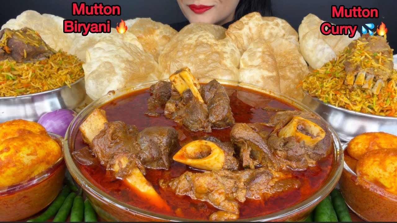 ASMR EATING PURI,MUTTON CURRY,HYDERABADI MUTTON BIRYANI,EGG CURRY 