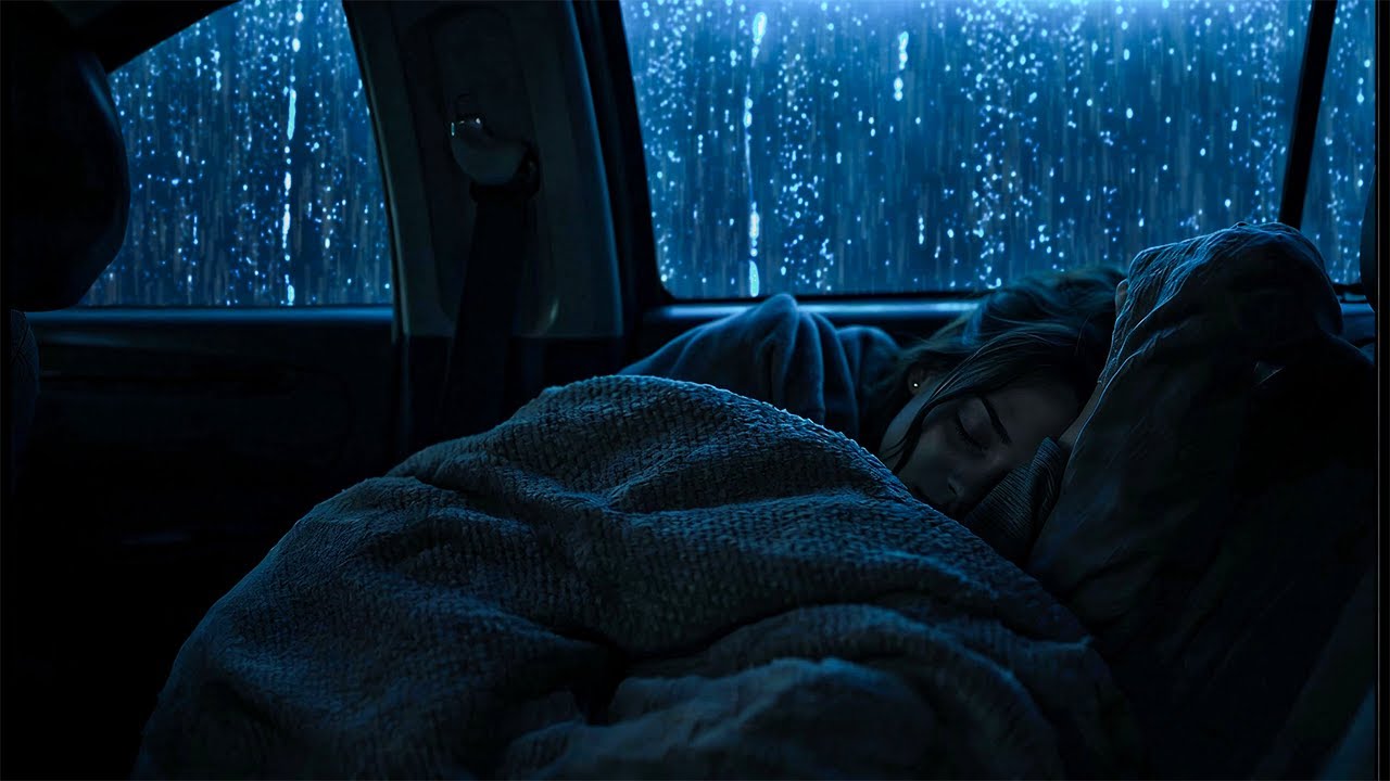 Deep Sleep Tonight with Soothing Rain Falling Outside a Cozy Car at Night