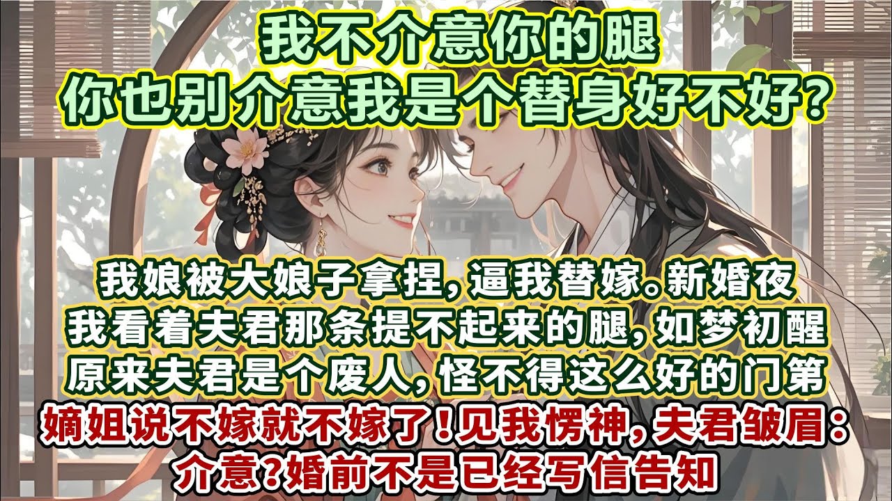 完結細膩先婚後愛文：我娘被大娘子拿捏，逼我替嫁。新婚夜，我看著夫君那條提不起來的腿，如夢初醒。原來夫君是個廢人，怪不得這麽好的門第，嫡姐說不嫁就不嫁了！見我楞神，夫君皺眉：介意？婚前不是已經寫信告知