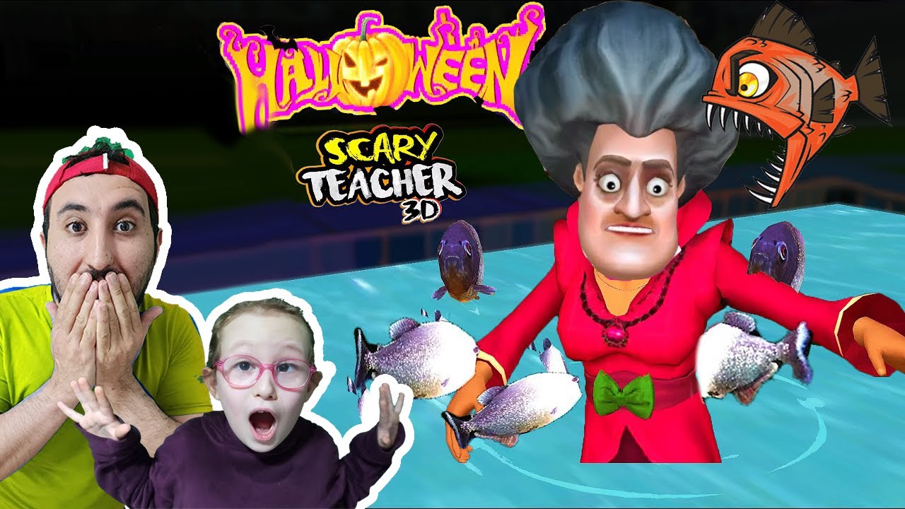 DELİ ÖĞRETMEN HAVUZA DÜŞTÜ BALIKLAR SALDIRDI😱SCARY TEACHER 3D! BAHAR VE BANU ALYA | OYUNA GEL